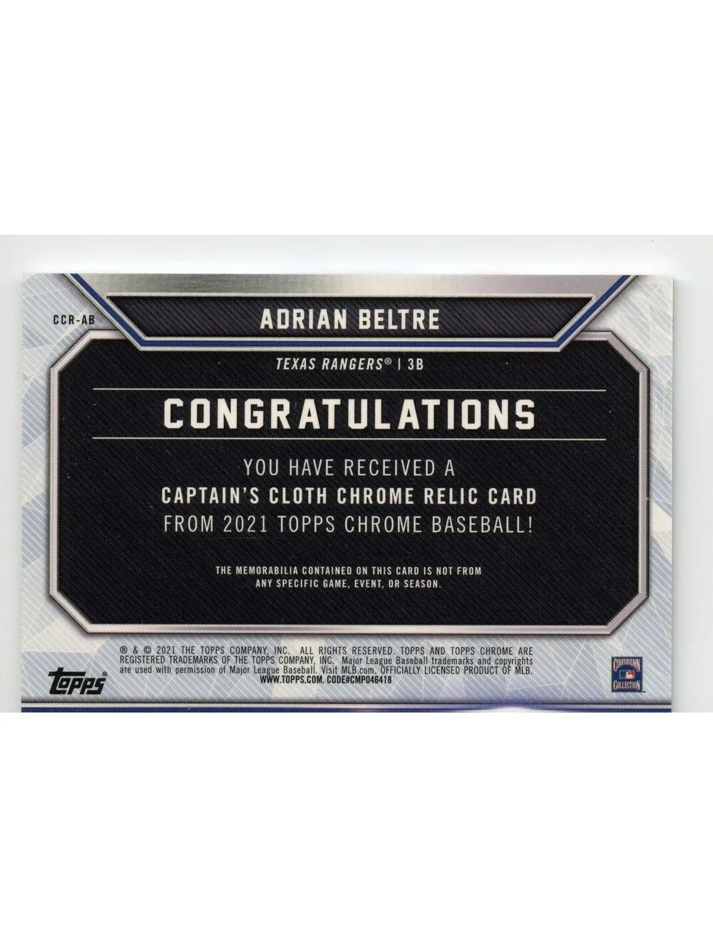 2021 Topps Chrome Captain's Cloth Relics Adrian Beltre GU Jersey 10/25 HOF